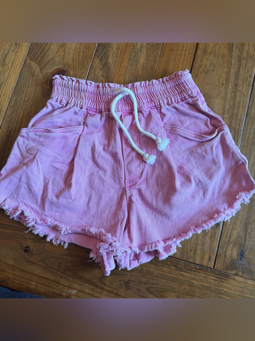 Zenana Outfitters Pink Elastic-Waist Frayed Hem Jean Shorts
